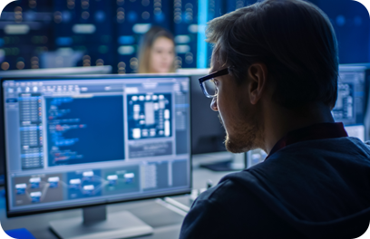 Smart Male IT Programer Working on Desktop Computer in Data Center Technical System Control Room. Team of Young Professionals Programming in Coding Language