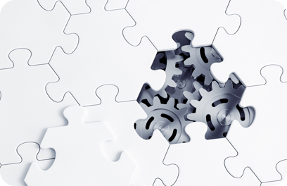 Metallic gears of an abstract mechanism are visible through a lost hexagonal piece of jigsaw puzzle. 3D-rendering graphics.