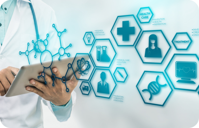 Medical Science Concept - Doctor in hospital lab with medical research icons in modern interface showing symbol of medicine innovation, medical treatment, discovery and doctoral analysis.