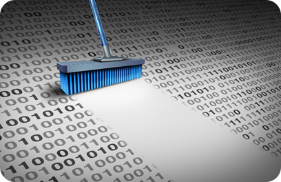 Deleting data technology concept as a broom wiping clean binary code as a cyber security symbol for erasing computer information or to delete an email and clean a hard drive server with 3D illustration elements.