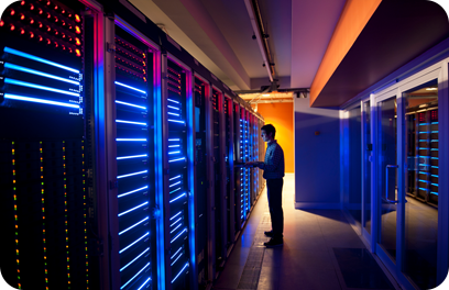 Modern interior of server room in datacenter. IT Engineer in Action Configuring Servers