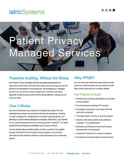 Preview image of the iatricSystems patient privacy managed services brochure