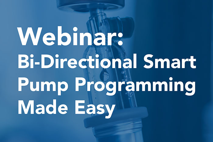 Thumbnail promoting a smart pump webinar video recording with an iv drip